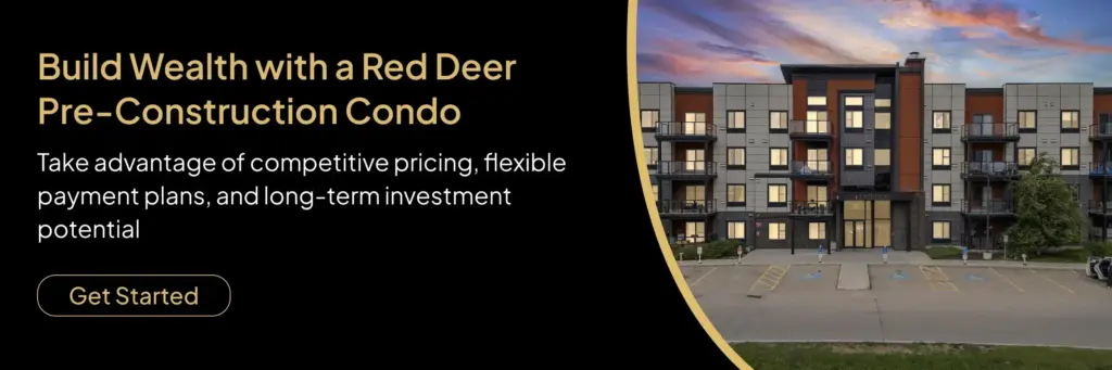 Red Deer pre-construction condo building at dusk with call-to-action banner